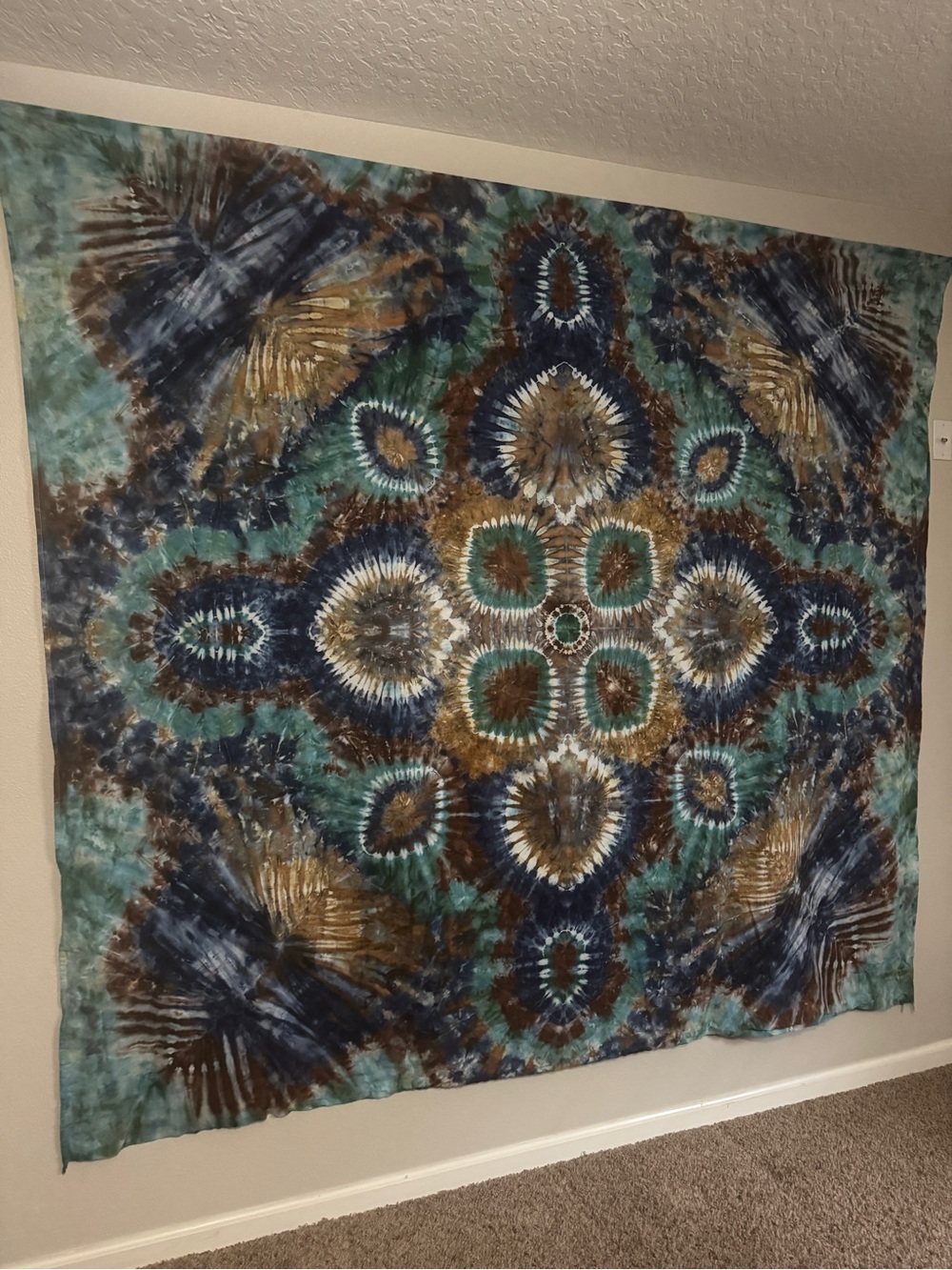Handmade Tie-Dye Wall Tapestry in Teal, Navy and Brown